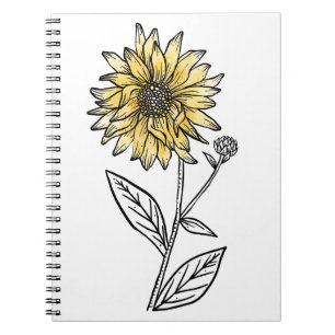 Botanical watercolor aesthetic line art sunflower  notebook
