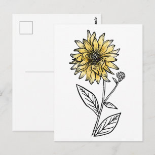 Botanical watercolor aesthetic line art sunflower  postcard