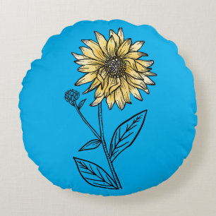 Botanical watercolor aesthetic line art sunflower round cushion