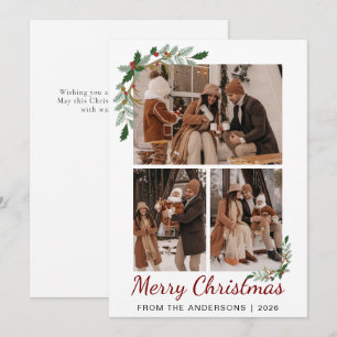 Botanical Watercolor Berry 3 Photo Christmas Holiday Card