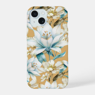 Botanical watercolor blue white gold lily floral iPhone 15 case