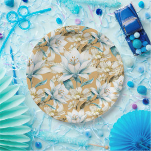 Botanical watercolor blue white gold lily floral paper plate