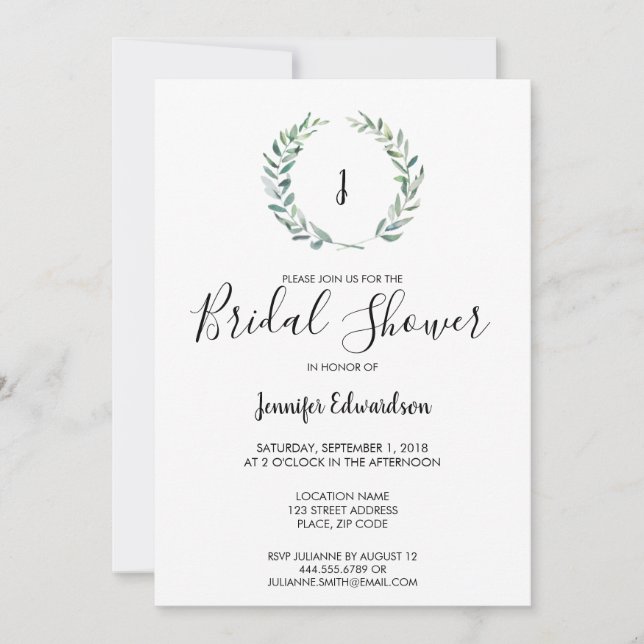 Botanical watercolor branch monogram Bridal Shower Invitation (Front)