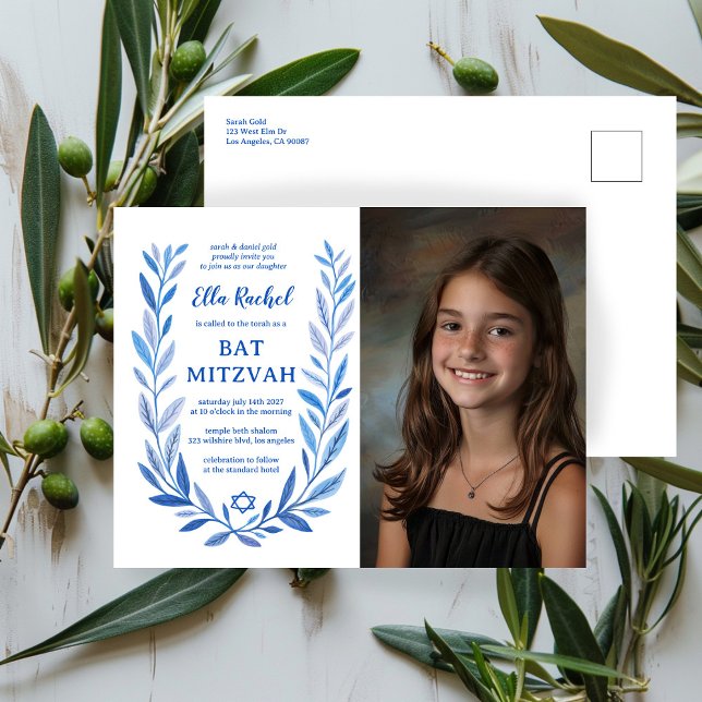 Botanical Watercolor CUSTOM PHOTO Bat Bar Mitzvah Postcard (Botanical Watercolor CUSTOM PHOTO Bat Bar Mitzvah Postcard Invitation
)