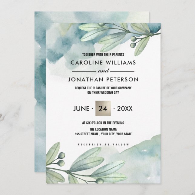 Botanical Watercolor Custom Wedding Invitations (Front/Back)