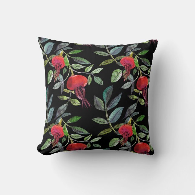 Botanical watercolor drawing dogrose pattern. Brig Cushion (Front)