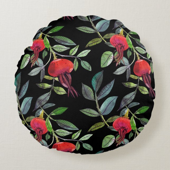 Botanical watercolor drawing dogrose pattern. Brig Round Cushion (Front)