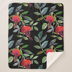 Botanical watercolor drawing dogrose pattern. Brig Sherpa Blanket