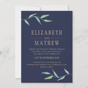 Botanical Watercolor Elegant Navy Gold Wedding Invitation