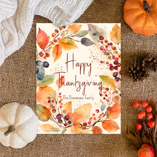 Botanical Watercolor Fall Wreath Thanksgiving Postcard