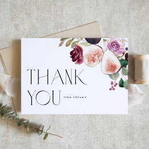 Botanical Watercolor Figs and Burgundy Flowers Thank You Card