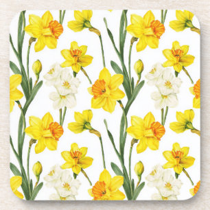 Botanical Watercolor Floral Daffodil Yellow White Coaster