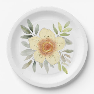 Botanical Watercolor Flower Painting With Foliage Paper Plate