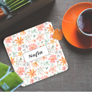 Botanical watercolor flower pattern custom white square paper coaster