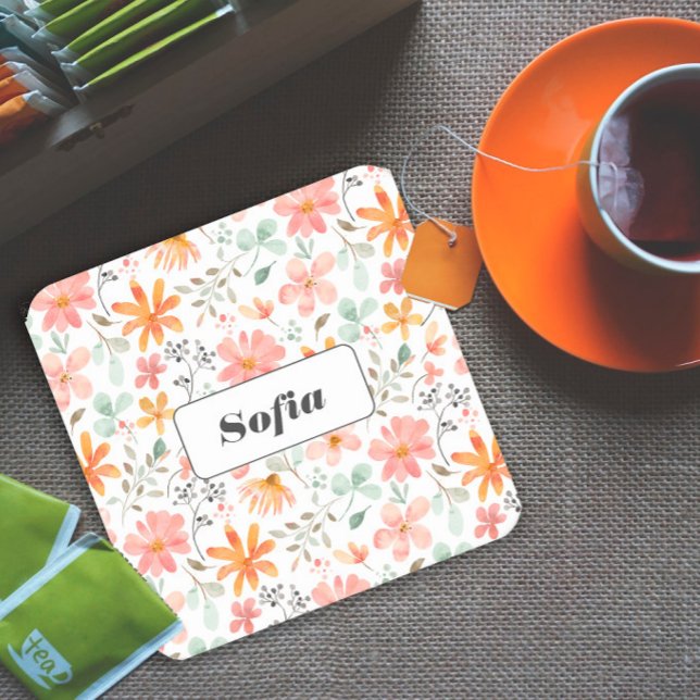 Botanical watercolor flower pattern custom white square paper coaster (Creator Uploaded)