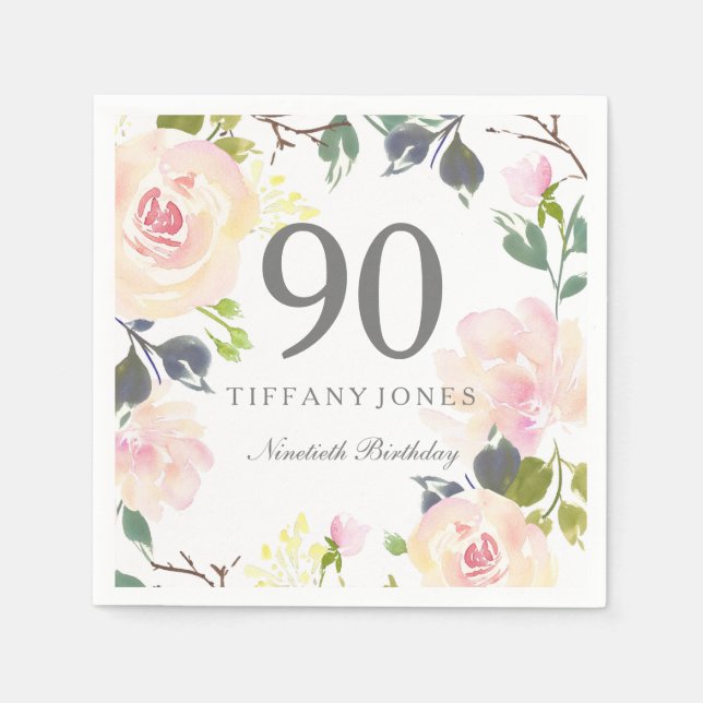 Botanical Watercolor Flowers 90th Birthday Party Napkin (Front)