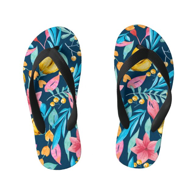 Botanical watercolor: flowers, leaves ornament. kid's jandals (Footbed)