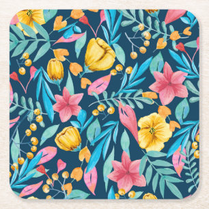 Botanical watercolor: flowers, leaves ornament. square paper coaster