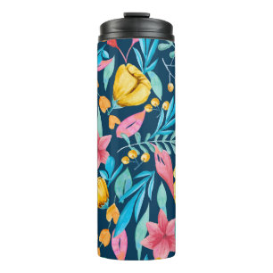 Botanical watercolor: flowers, leaves ornament. thermal tumbler