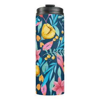 Botanical watercolor: flowers, leaves ornament. thermal tumbler