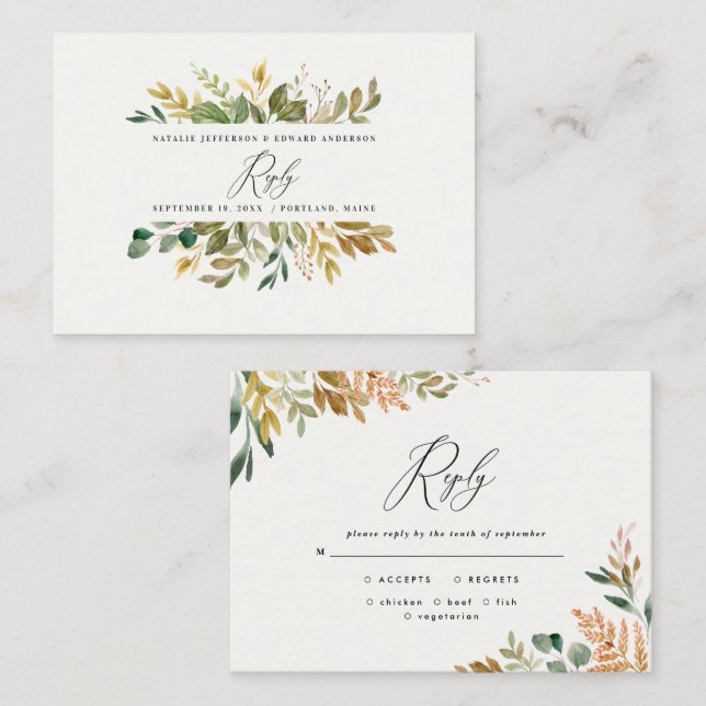 Botanical watercolor green gold fall modern reply card (Front/Back)