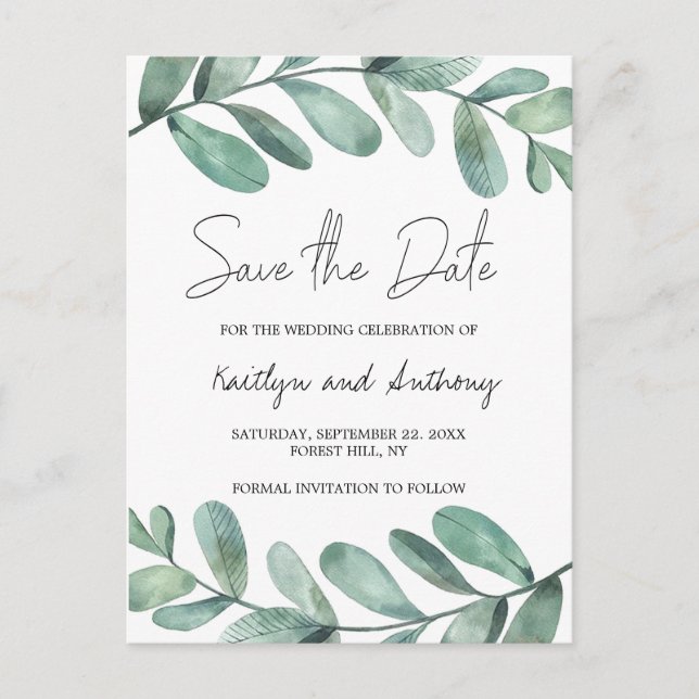 Botanical Watercolor Greenery Eucalyptus Announcement Postcard (Front)