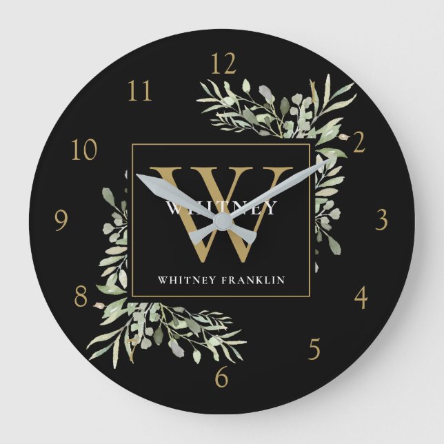 Botanical Watercolor Greenery Monogram Black Gold  Large Clock (Front)