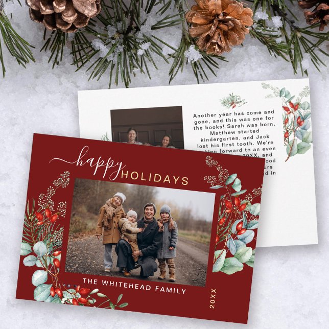 Botanical Watercolor Greenery Photo Burgundy Holiday Card (Creator Uploaded)