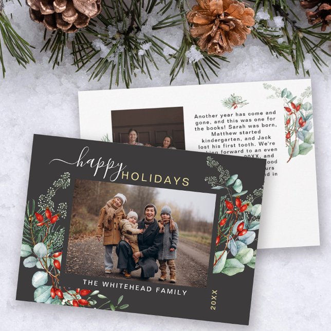 Botanical Watercolor Greenery Photo Dark Grey Holiday Card (Creator Uploaded)