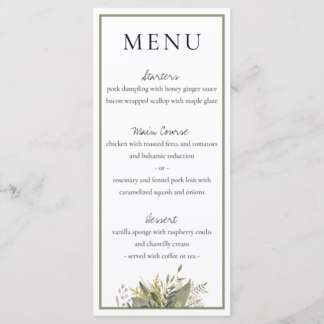 Botanical Watercolor Greenery Wedding Menu (Front)