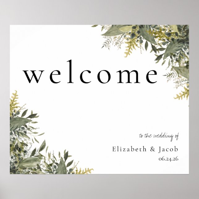 Botanical Watercolor Greenery Wedding Welcome Sign (Front)