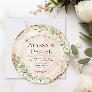 Botanical watercolor Greenery Wood Slice Rustic Invitation