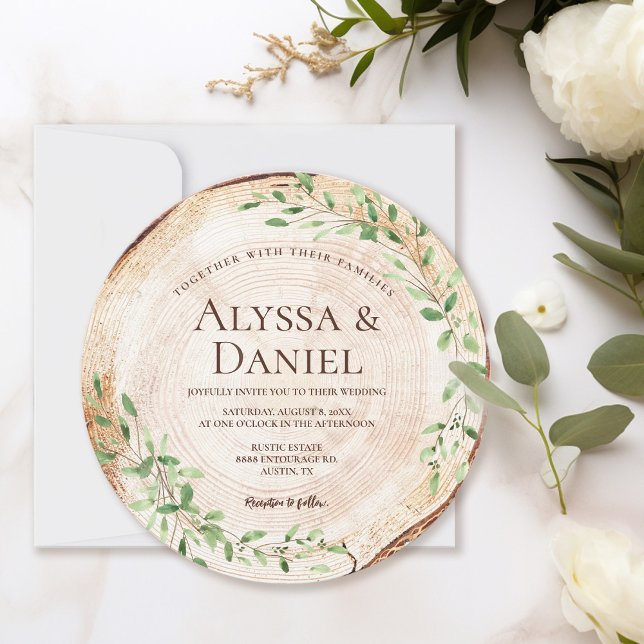 Botanical watercolor Greenery Wood Slice Rustic  Invitation (Botanical rustic wood slice wedding round invitation)