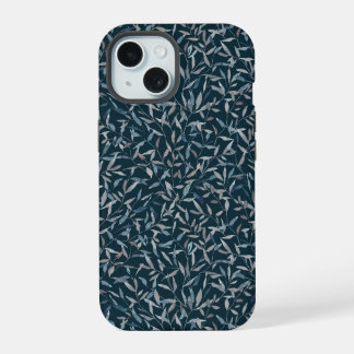 Botanical watercolor grey blue leaves on dark blue iPhone 15 case