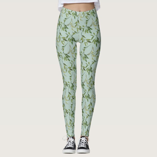 Botanical Watercolor Leaf All-Over Print Leggings (Front)