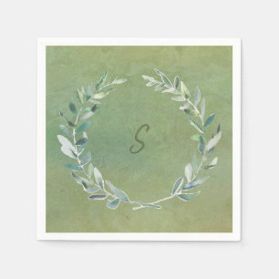 Botanical watercolor leaves green monogrammed napkin