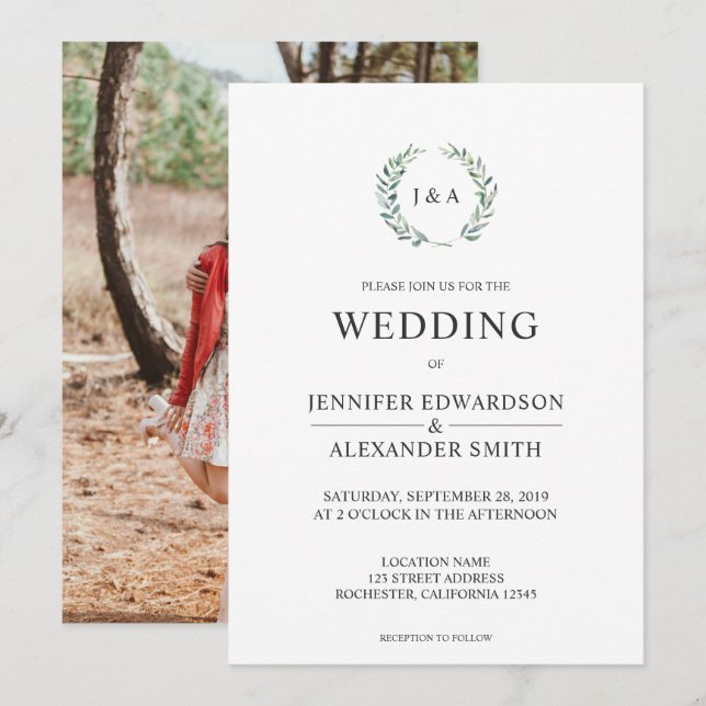 Botanical watercolor leaves monogram photo Wedding Invitation (Front/Back)