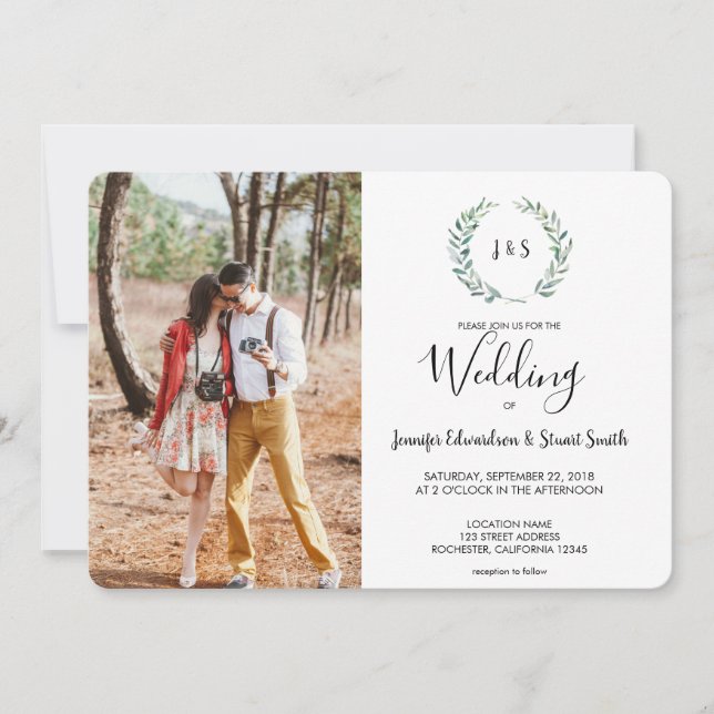 Botanical watercolor leaves monogram photo Wedding Invitation (Front)