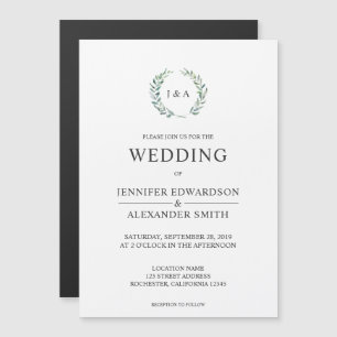 Botanical watercolor leaves monogram wedding magnetic invitation