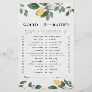 Botanical Watercolor Lemon Bridal Shower Game