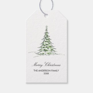 Botanical Watercolor Merry Christmas Tree Gift Tags
