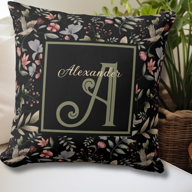 Botanical Watercolor Monogram Name & Initial Black Cushion (Monogram Initial and Name, Rustic Botanical Watercolor Pattern Throw Pillow)