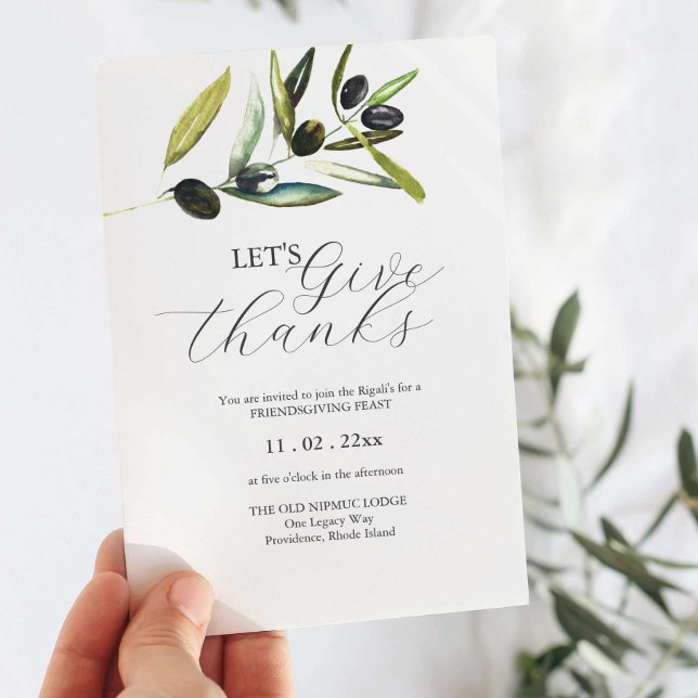 Botanical Watercolor Olive Branch Friendsgiving Invitation (Thanksgiving invitations watercolor olive branch art by Victoria Grigaliunas of Do Tell A Belle)