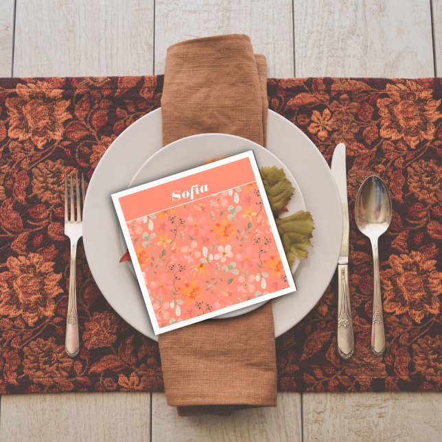 Botanical watercolor pattern custom orange napkin (Creator Uploaded)