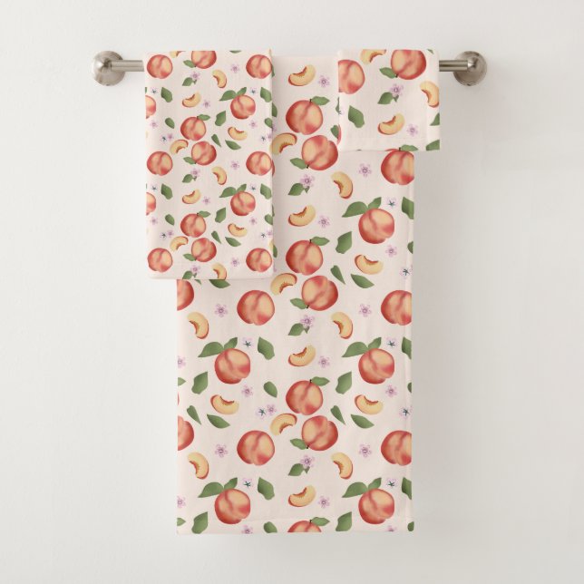 Botanical Watercolor Peaches & Blossoms  Bath Towel Set (Insitu)