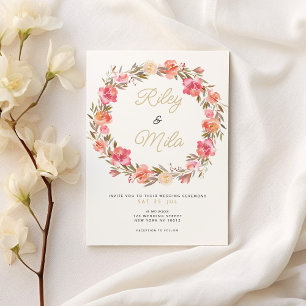 Botanical watercolor pink floral fall Wedding Invitation
