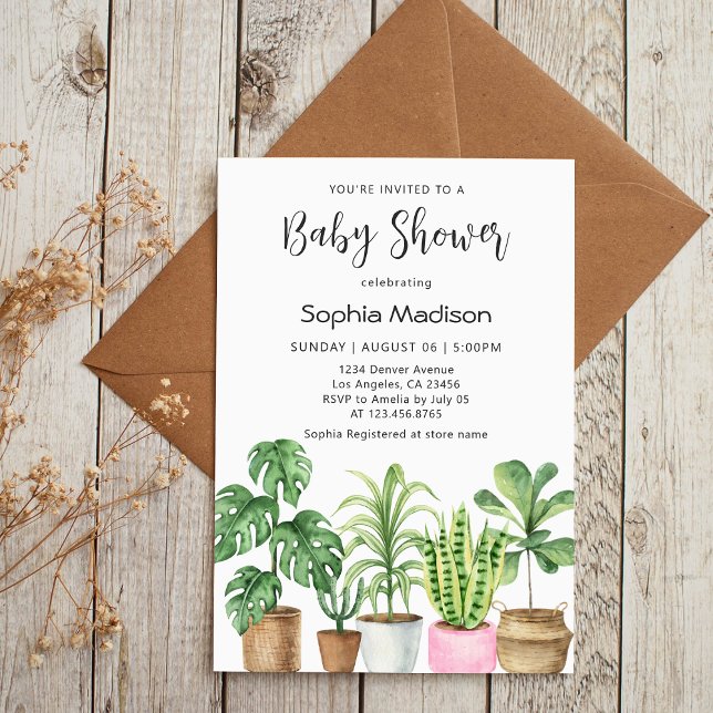 Botanical Watercolor Potted Plants Baby Shower Invitation (Creator Uploaded)