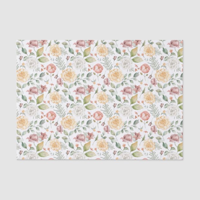 Botanical Watercolor Roses and Greenery Pattern  Tissue Paper (Front)