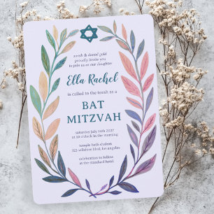 Botanical Watercolor Star of David Bar Bat Mitzvah Invitation