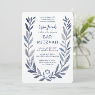Botanical Watercolor Star of David Bar Bat Mitzvah Invitation